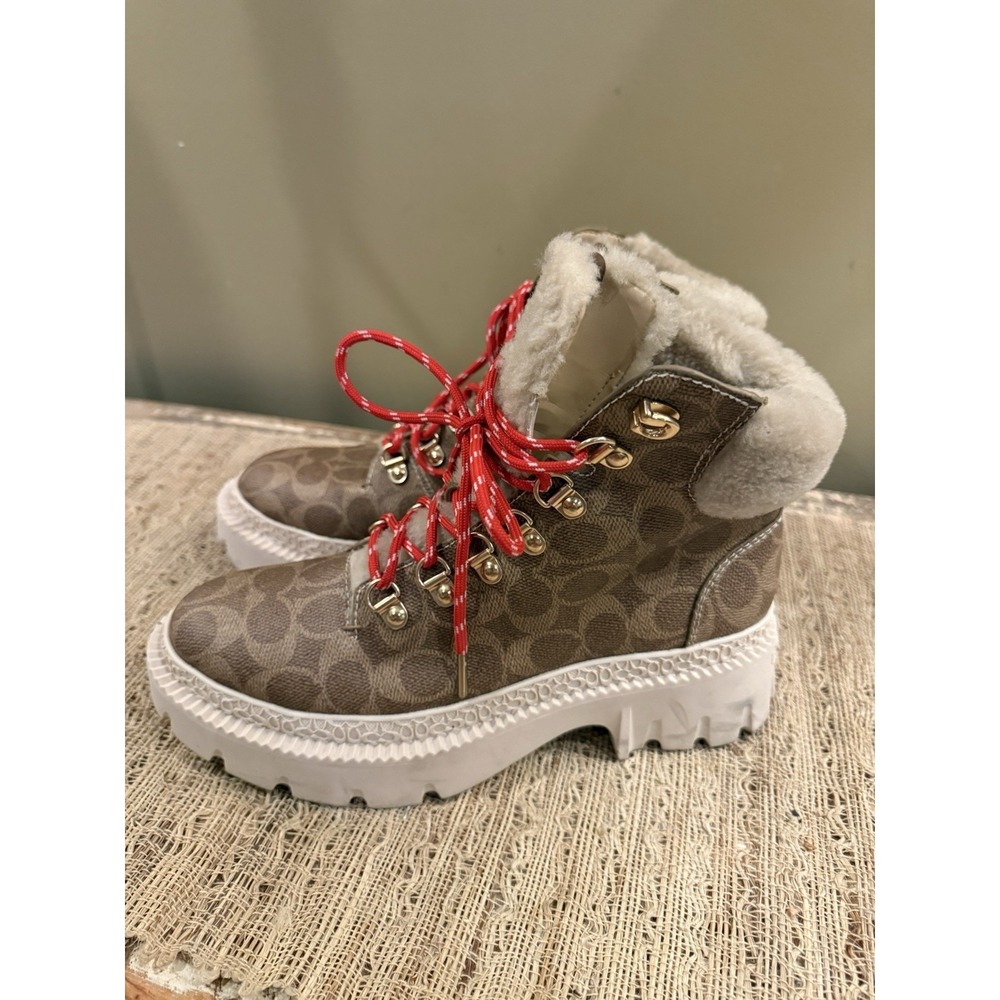 Coach Janel Signature Logo Print Shearling Accent Lug Sole Hiker Booties Sz-8.5 - Picture 6 of 14